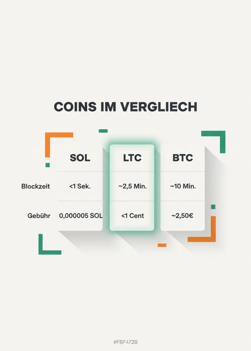 Digitale Litecoin-Münzen, die auf einem Chip mit Solana-Logo liegen, symbolisieren Krypto-Einzahlungen im Casino.